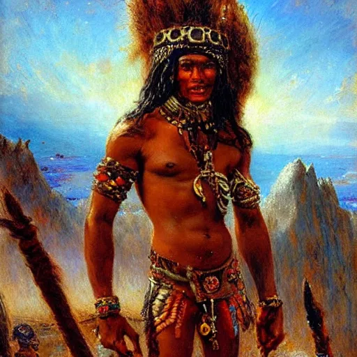 Image similar to Shaka Zulu painted by gaston bussiere