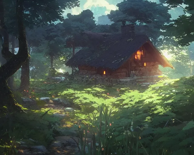 Image similar to old hut in the woods with a flower garden near a waterfall, gapmoe kuudere moody lighting stunning bokeh highlights sharp contrast | trending pixiv fanbox | by greg rutkowski makoto shinkai takashi takeuchi studio ghibli