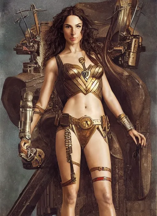 Image similar to highly detailed steampunk gal gadot standing on a mechanism : leonardo da vinci, greg rutkowski, magali villeneuve