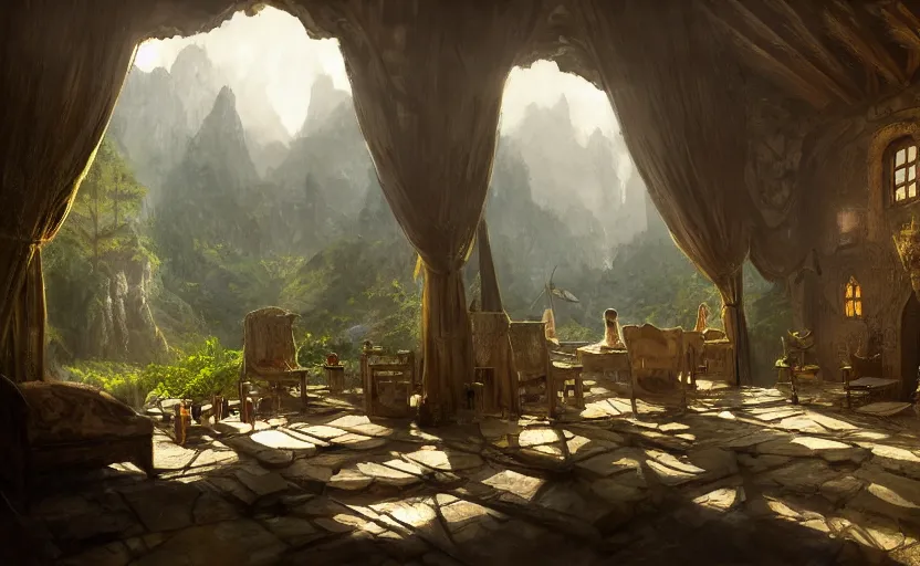 Image similar to painting of a series of opposing living quarters overlooking a greatroom carved inside a mountain, lush garden with hot spring between, cozy bed, well maintained, clean, medieval, fantasy genre, natural light, fantasy, natural light, concept art, by greg rutkowski and craig mullins, cozy atmospheric and cinematic lighting, trending on artstation