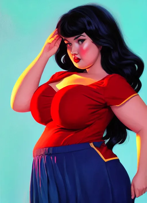 Image similar to full body portrait of teenage veronica lodge, obese, bangs, sultry, realistic, sultry smirk, wavy hair, red skirt, fat, belly, intricate, elegant, glowing lights, highly detailed, digital painting, artstation, concept art, smooth, sharp focus, illustration, art by wlop, mars ravelo and greg rutkowski