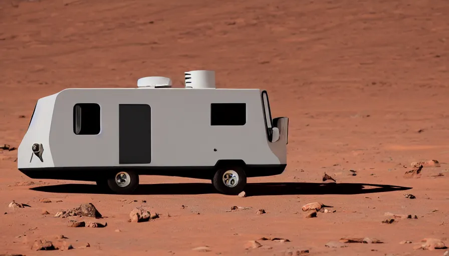 Prompt: professional photograph of a beautiful futuristic furry Winnebago designed by Buckminster Fuller covered in long black furin a picturesque desert on Mars. The Winnebago is floating, and has no wheels. It is super furry and needs a haircut, racking focus, depth of field, extreme panoramic, Dynamic Range, HDR, chromatic aberration, Orton effect intricate, elegant, highly detailed, artstation