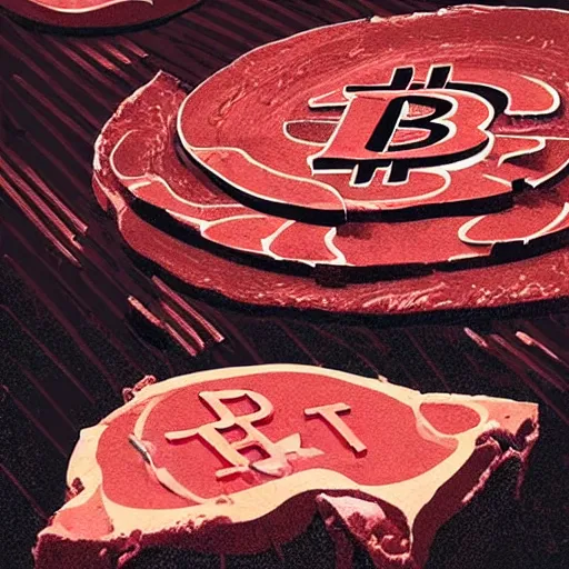 Image similar to bitcoin logo carved out from raw meat on butchery floor, photographic realistic background, by atey ghailan, by greg rutkowski, by greg tocchini, by james gilleard, by joe fenton, by kaethe butcher, trending on instagram, award winning details