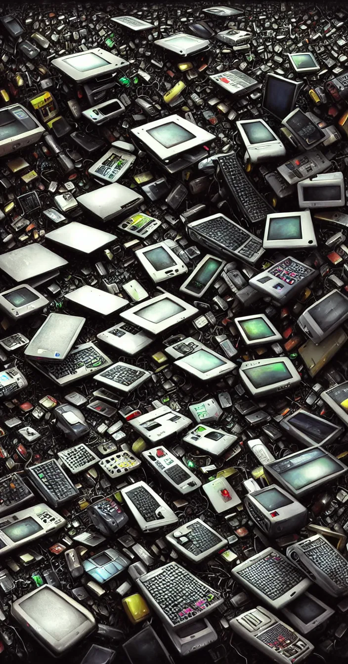 Prompt: realistic photo of piles of electronic waste of computers, mobiles and other items, very sharp focus, very hyper realistic, art of greg rutsowski, highly detailed, fantasy art station