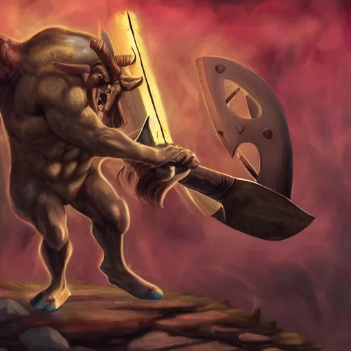 Image similar to huge smug minotaur wielding a great - axe, menacing aura