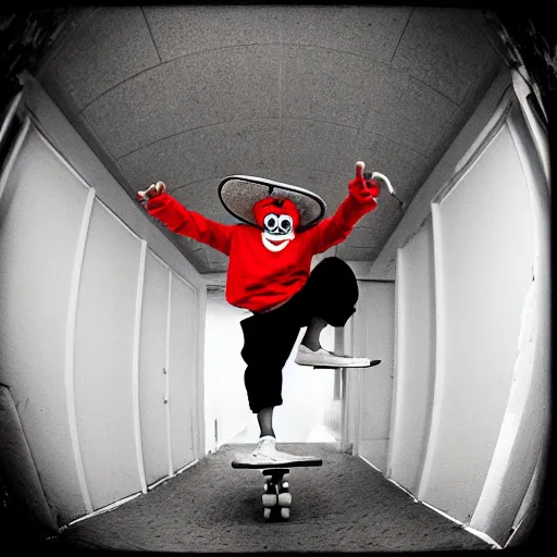 Prompt: “ a highly detailed photo of a clown skateboarding in an abandoned mall, fisheye lens, sharp focus, award winning, 8 k ”