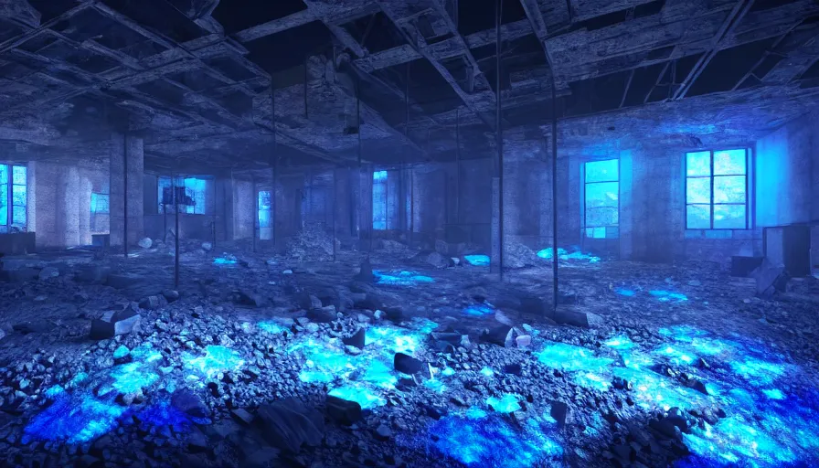 Prompt: Blue Glowing Gemstones in an abandoned old mine, Volumetric Lighting, Anamorpic Lens, Cinematic Lighting, Hyperrealistic Rendering, Hyperdetailed, Intricate Details, Dynamic Lights, Raytracing