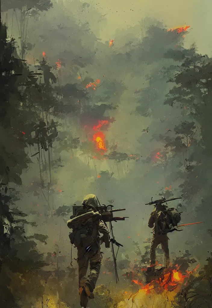 Prompt: ismail inceoglu epic painting of vietnam war, year 1 9 7 0, jungle, fire smoke and explosions, painting, line art, art concept for a book cover, trending on artstation, by greg manchess and by craig mullins and by kilian eng and by jake parker