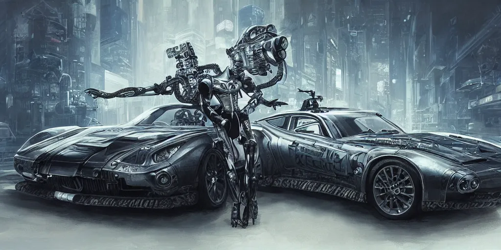 Image similar to full view of a car, intricate, elegant, highly detailed, digital painting, concept art, smooth, sharp focus, art style from Wang Ke and Greg Rutkowski and Bruce Kaiser and Scott Robertson and Dmitry Mazurkevich and Doruk Erdem and Jon Sibal, small style cue from Blade Runner and Total Recall and Cyberpunk 2077