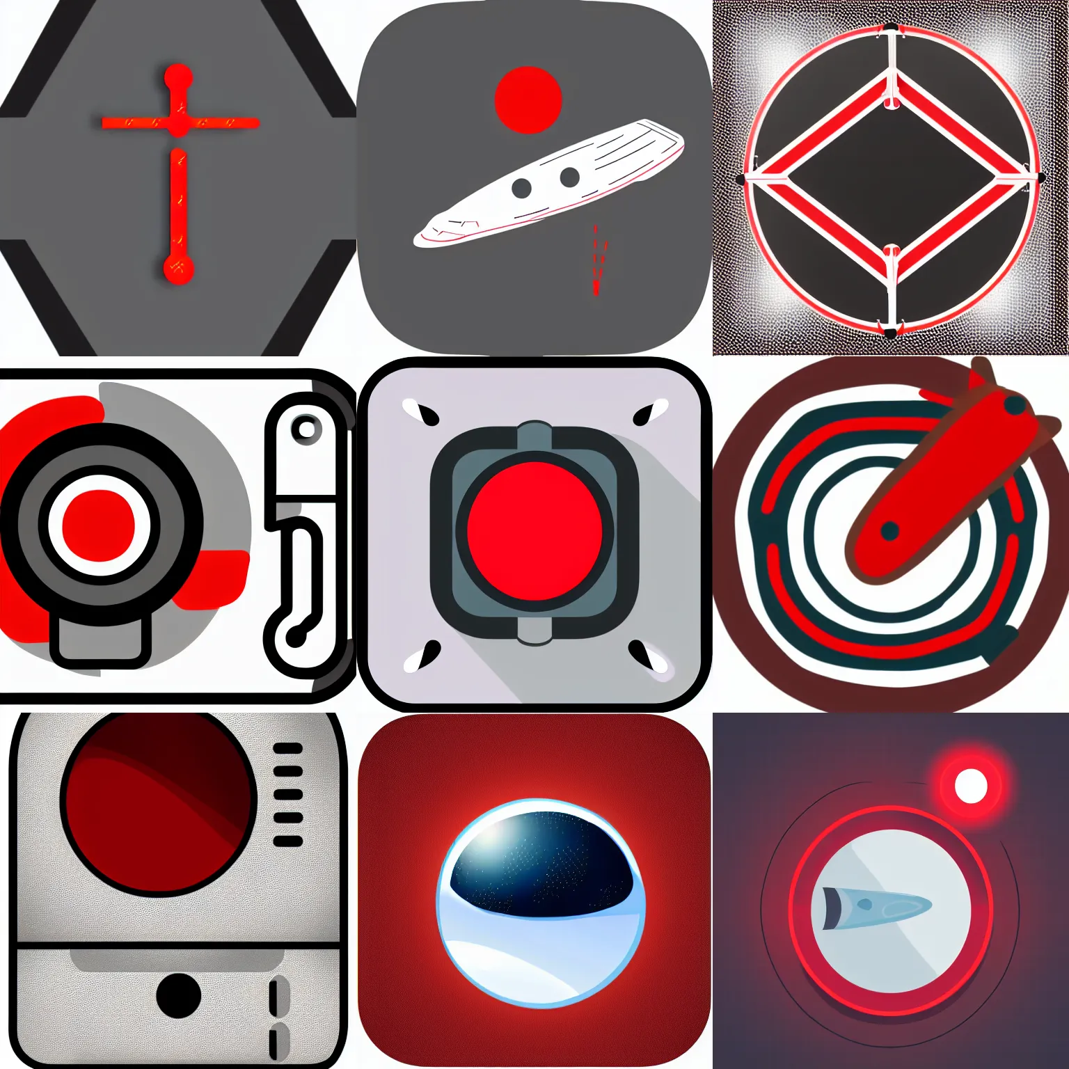 Image similar to notification icon of a spaceship next to a red dot, clear lines, vector, png