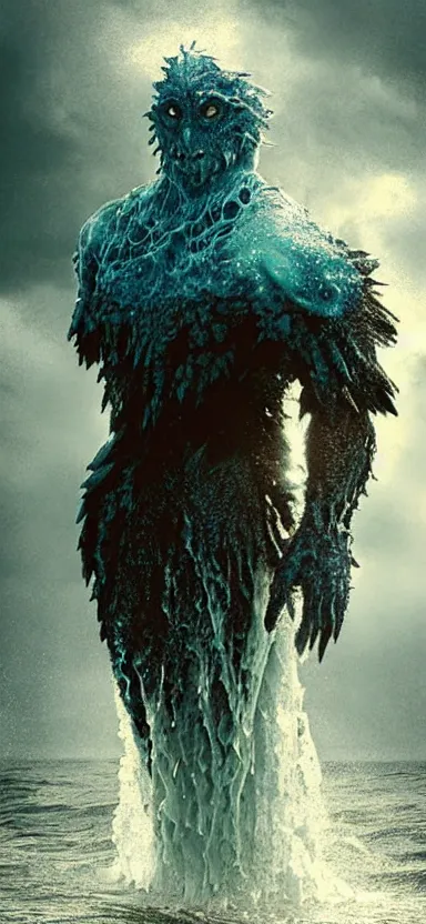 Prompt: monster made of water, made of liquid, rising up from ocean, water armor, high detail, high contrast, medium close up portrait, studio lighting, stormy seas, beautiful, bokeh, snowy, storm clouds, god rays, d & d, fantasy, elegant, aquamarine color palette, concept art, roger deakins and greg rutkowski and alphonse mucha