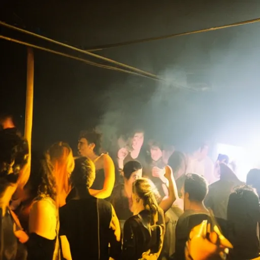 Image similar to yellow smoke surrounding a bunch of young people in a night club, surreal, dreamy