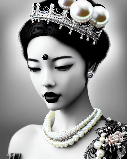 Image similar to black and white dreamy young beautiful crowned female artificial intelligence, crown is full of flowers and pearls, realistic pearl ornament in the face, long hair are intricate with highly detailed realistic pearls, cinematic, rim light, bokeh, photo - realistic, elegant, high detail, 8 k, masterpiece, photo taken in 1 9 3 0