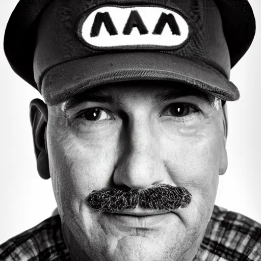 Image similar to Professional corporate portrait of Mario wearing his Mario hat and overalls, Nintendo, studio lighting, 85mm lens, Photo by Martin Schoeller, Lee Jeffries, Terry Richardson