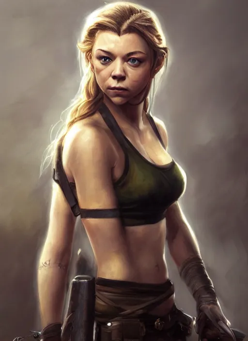 Prompt: a beautiful painting of Natalie Dormer as lara croft, detailed, trending on artstation, hd, masterpiece