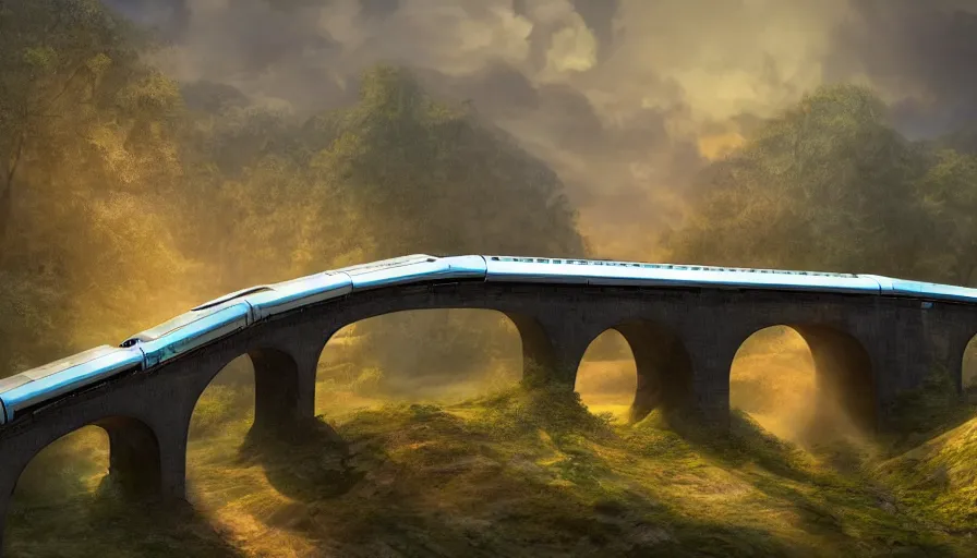 Image similar to futuristic train crossing aqueduct, green hills, matte painting, artstation, sunrise, blue sky