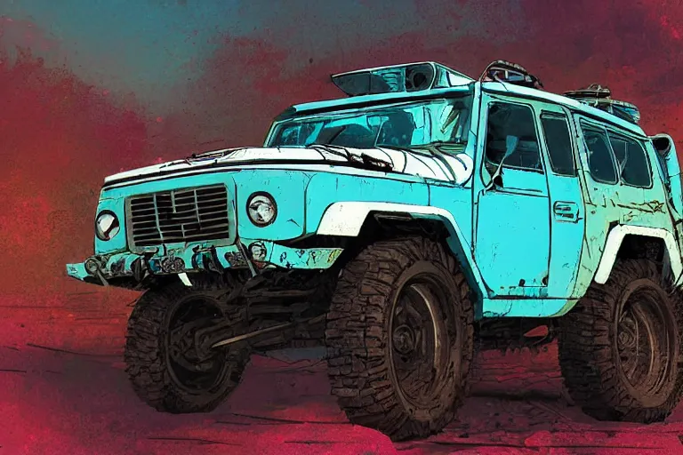 Image similar to digital illustration of a futuristic faded cyan mad max's fj 4 0 decrepit!!!! pursuit special, rusty!!! cyberpunk nissan fj cruiser heavily modded 1 9 9 0 s, the last v 8 interceptor by makoto shinkai, ilya kuvshinov, lois van baarle, rossdraws, basquiat