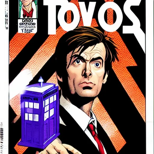 Image similar to A marvel comic book cover of the tenth doctor standing in front of the Tardis, daytime