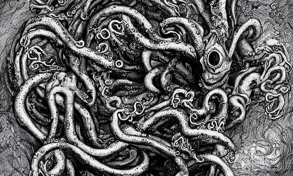 Prompt: tentacle monstrosity, psycho stupid fuck it insane, looks like death but cant seem to confirm, various refine techniques, micro macro autofocus, to hell with you, later confirm hyperrealism, set back dead colors, devianart craze