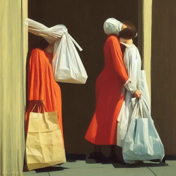 Image similar to two women hugging with a paper bag over the head dressed in plastic bags, highly detailed, artstation, art by, , edward hopper, Zdzislaw Beksinski, highly detailed