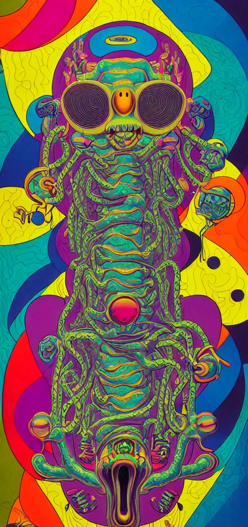 Prompt: dmt creature portraits in the style of kaws, victo ngai, lisa frank, francis goya, basil wolverton, roy litchenstein, mc escher style