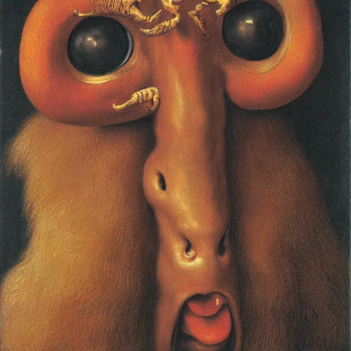 Image similar to close up portrait of a mutant monster creature with giant protruding eyes bulging out of their eye sockets, exotic orchid - like mouth, long colorful hair growing out of the nostrils, antelope horns. by jan van eyck, audubon