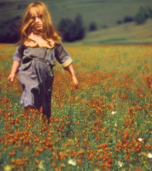 Image similar to encounter with satan in beautiful meadow of flowers, film photo from 1970s, grainy, high detail, high resolution