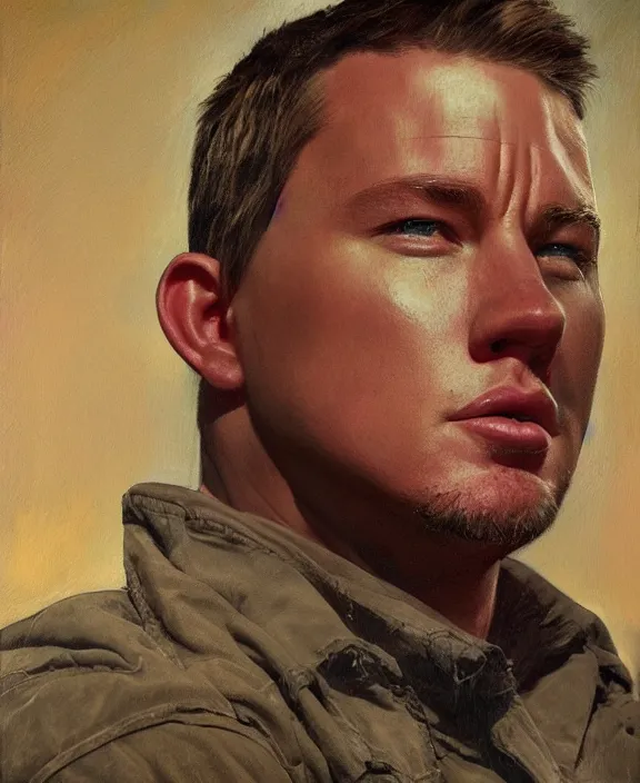 Image similar to portrait of channing tatum as an ohio farm boy, art by denys tsiperko and bogdan rezunenko and franz xaver kosler, hyperrealism