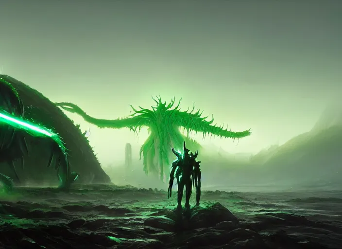 Prompt: giant monstrous green aggressive squid monster towering over man in white armor who has a gleaming sword made of black fire. The foreground is covered by mystical, translucent mist, epic science fiction horror digital matte painting by Simon Stalenhag and Mark Brooks (and Greg Rutkowski), extremely detailed, artstation