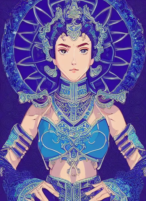 Image similar to a young woman in ornate, intricate blue full plate armor. the armor glows, bursting with light from the decoration. clean cel shaded vector art. shutterstock. behance hd by lois van baarle, artgerm, helen huang, by makoto shinkai and ilya kuvshinov, rossdraws, illustration, art by ilya kuvshinov