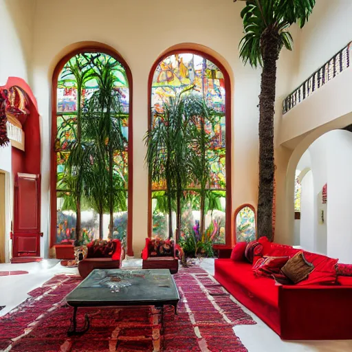 Prompt: beautiful award winning photograph of a 2 story spanish colonial living room, wide shot, biophilic, solarpunk, natural light, white walls, splashes of red and brown, stained glass window, large water feature, comfortable, harmonious, christopher alexander,
