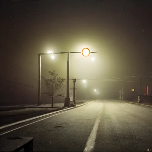 Image similar to A stunningly beautiful award-winning 8K high angle cinematic movie photograph of a dark foggy main intersection in an abandoned 1950s small town at night, by Edward Hopper and David Fincher and Darius Khonji, cinematic lighting, perfect composition, moody low key volumetric light. Color palette from Seven, greens yellows and reds. 2 point perspective