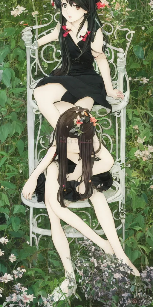 Image similar to a loli with long hair in a black dress sitting on a metal garden chair in the privet garden at afternoon, green and warm theme, back lighting, highly detailed, by krenz cushart and mucha and akihito yoshida and greg rutkowski and makoto shinkai, detailed eyes, 4 k resolution, trending on art station