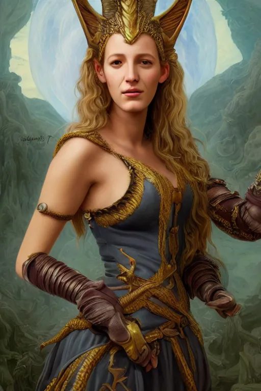 Image similar to A fantasy book style portrait painting of a hybrid, Blake Lively , Anya_Taylor-Joy, Cory Chase, as a Mystical Valkyrie, Anubis-Reptilian, Atlantean Warrior, François Boucher, Oil Painting, unreal 5, DAZ, hyperrealistic, octane render, Regal, Refined, Detailed Digital Art, RPG portrait, William-Adolphe Bouguereau, Michael Cheval, Walt Disney (1937), Steampunk, Volumetric Golden dappled dynamic lighting, Highly Detailed, Cinematic Lighting, Unreal Engine, 8k, HD