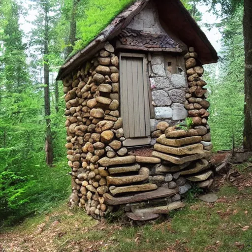 Image similar to in deep forest in france antic farytale story little cabin made by stones many ages secret