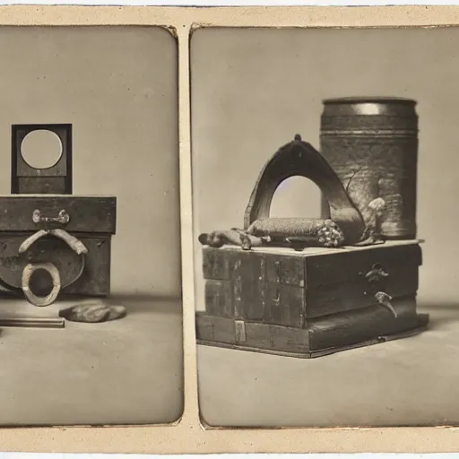 Image similar to Tintype photograph of primitive objects displayed in an ethnographic museum, archive material, anthropology,in the style of Marcel Duchamp, found objects, ready-made, 1920s studio lighting.