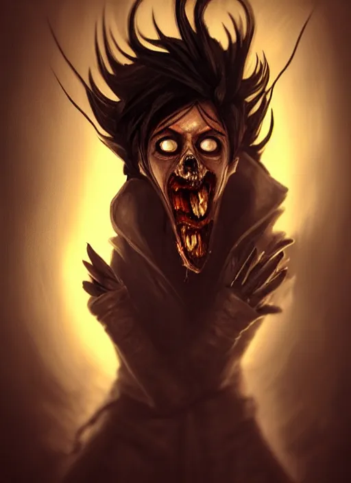 Image similar to dark portrait painting of tracer from overwatch, in style of zdzisław beksinski, scary, horror, overwatch tracer character, evil grin, detailed face, dressed in dark garment, black tendrils, tall,