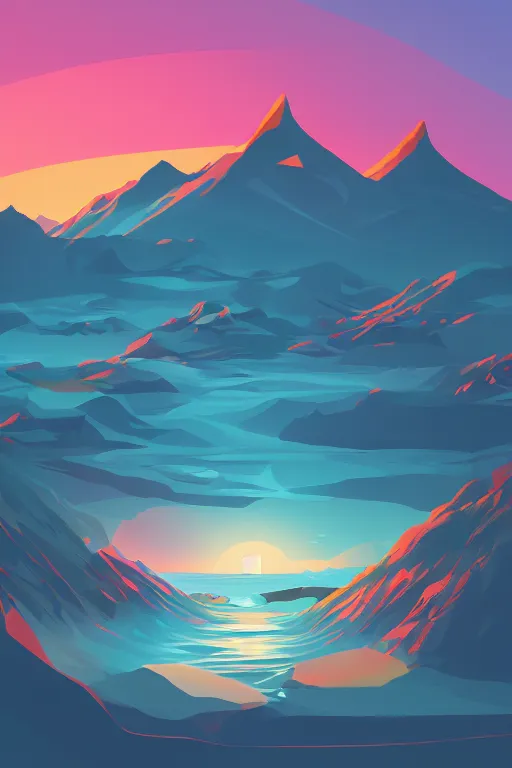 Image similar to sunrise mountain water vector illustration digital art by james gilleard trending on artstation