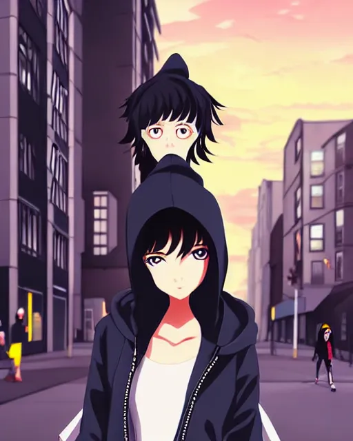 Image similar to black haired girl wearing hoodie, detailed city street background, anime illustration shinkai makoto oil painting