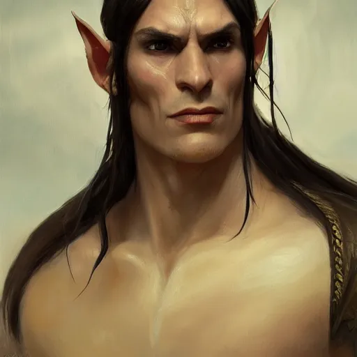 Image similar to character design, portrait of a attractive half elf half orc male with long black hair and proeminent cheekbones, medieval, dark tribal armor, painting by wlop, nixeu and greg rutkowski, beautiful, cgsociety, semirealism, artstation, octane render, sharpness, 8 k, golden ratio