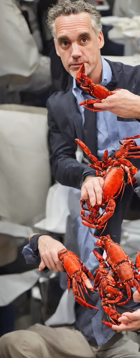 Image similar to jordan peterson holds lobsters in his hands and there are medical pills covering the floor