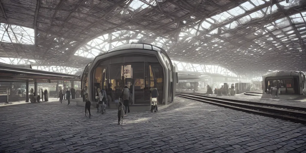Prompt: photo of epic futuristic train station, 1970's trains, leica, lomo, soft light, morning light, photorealistic, details, octane render, cryengine, 8k, cinematic shot