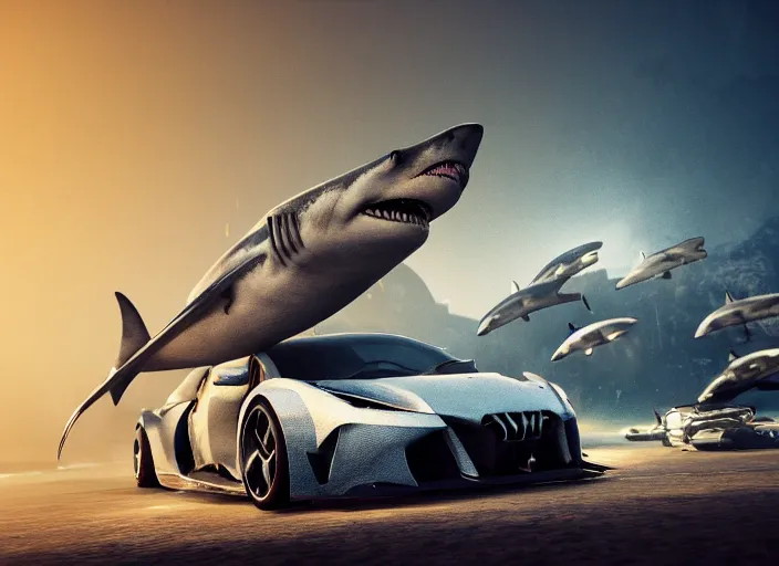 Image similar to hd wallpaper of a car made out of sharks, octane render, 8 k, hyperrealistic, unreal 5, intricate detail, cinematic, studio lighting, concept art, trending on artstation,