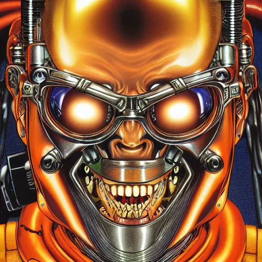 Prompt: portrait closeup of crazy terminator laughing, symmetrical, cinematic colors, by yoichi hatakenaka, masamune shirow, josan gonzales and dan mumford, ayami kojima, takato yamamoto, barclay shaw, karol bak, yukito kishiro