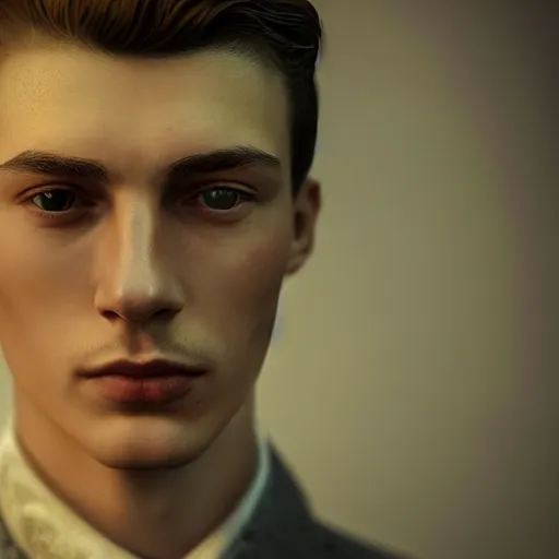 Image similar to A videogame portrait of a young Irish man with high cheekbones. Good bone structure. Dressed in 1940s style. Highly detailed, fine Art, high detail, great lighting, 8k resolution, masterpiece, concept art, illustration, clear eyes, painting oil on canvas, octane render, HDR, trending on artstation, 4k, 8k, HD