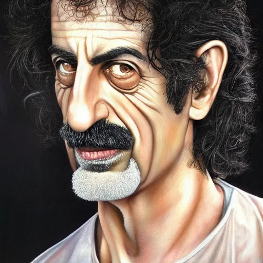 Image similar to Caricature portraits done of Frank Zappa, realistic, hyperrealistic, very realistic, highly detailed, very detailed, extremely detailed, detailed, oil painting, digital art, trending on artstation