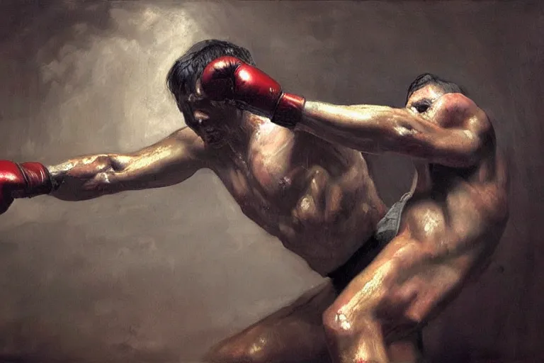 Image similar to portrait, realistic painting image about a boxer has a electric boxing gloves, versus a ghoul. dramatic scene, horror, dramatic lighting realism, created by gustave courbet and michaelangelo, trending in artstation, fine art, smooth draw with oil painting.