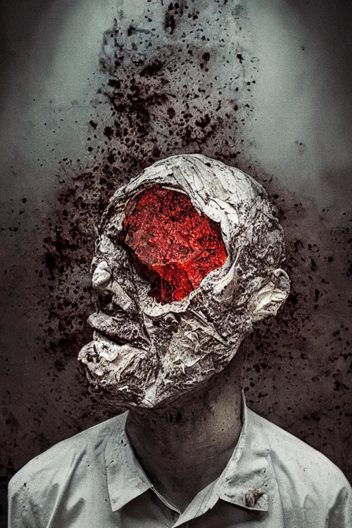 Prompt: a dark morbid portrait of an exploding human head made from antique paper, dry and dusty faling apart, intricate, cinematic lighting, surreal photography, simon stalenhag