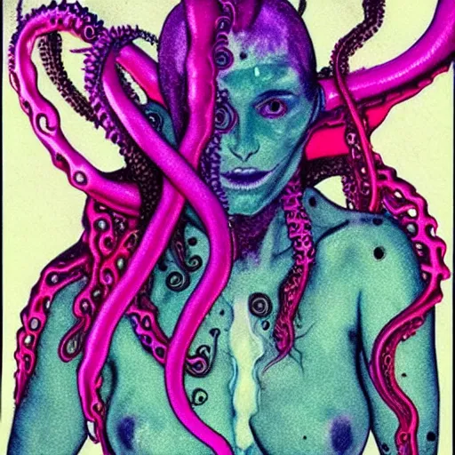 Prompt: the beautiful female creature with tentacles all over her soul rpping it from her body, wispy horrors, acid colors, polaroid pic by realistic horrors