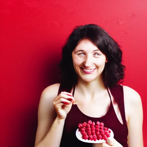 Image similar to A woman holding raspberry pie, red background